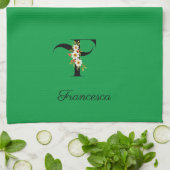 Linge De Cuisine Monogramme initial botanique à l'aquarelle verte (Plié)