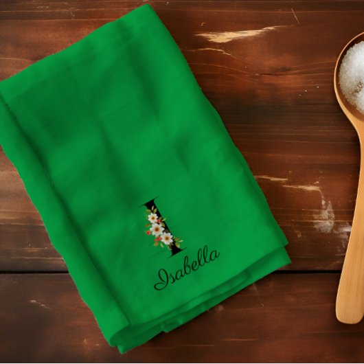 Linge De Cuisine Monogramme initial botanique à l'aquarelle verte