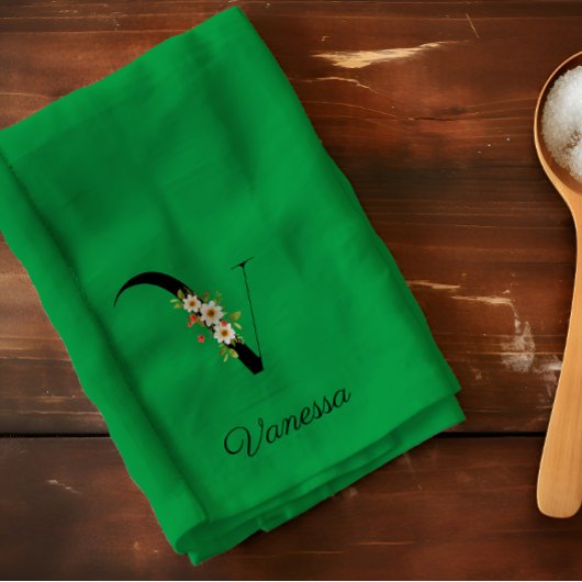 Linge De Cuisine Monogramme initial botanique à l'aquarelle verte