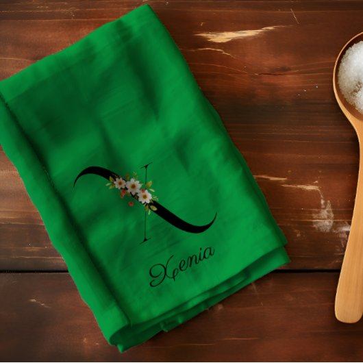 Linge De Cuisine Monogramme initial botanique à l'aquarelle verte