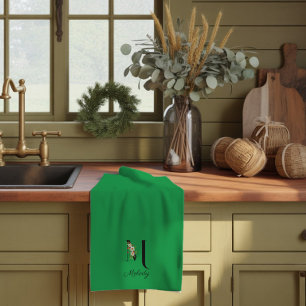 Linge De Cuisine Monogramme initial botanique à l'aquarelle verte