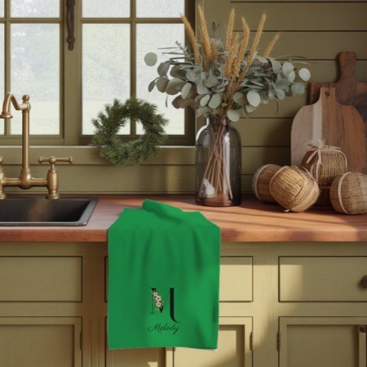 Linge De Cuisine Monogramme initial botanique à l'aquarelle verte