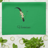 Linge De Cuisine Monogramme initial botanique à l'aquarelle verte (Plié)