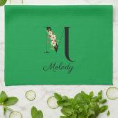 Linge De Cuisine Monogramme initial botanique à l'aquarelle verte (Plié)