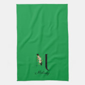 Linge De Cuisine Monogramme initial botanique à l'aquarelle verte (Vertical)