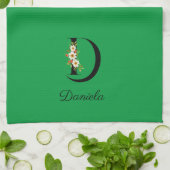 Linge De Cuisine Monogramme initial botanique aquarelle vert (Plié)