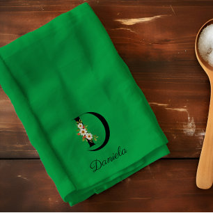 Linge De Cuisine Monogramme initial botanique aquarelle vert
