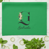 Linge De Cuisine Monogramme initial botanique aquarelle verte (Plié)