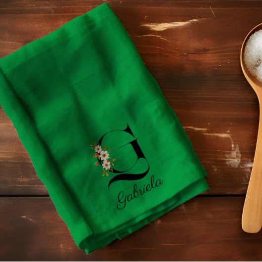 Linge De Cuisine Monogramme initial botanique aquarelle verte