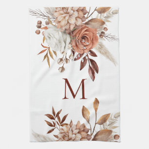 Linge De Cuisine Monogramme initial en terre cuite Florales Pampas