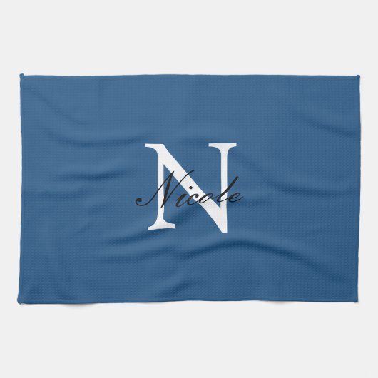 Linge De Cuisine Monogramme Initial Manuscrit Nom Propre Bleu (Horizontal)