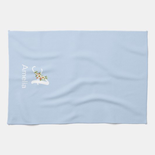 Linge De Cuisine Monogramme initial noir botanique aquarelle bleu (Horizontal)