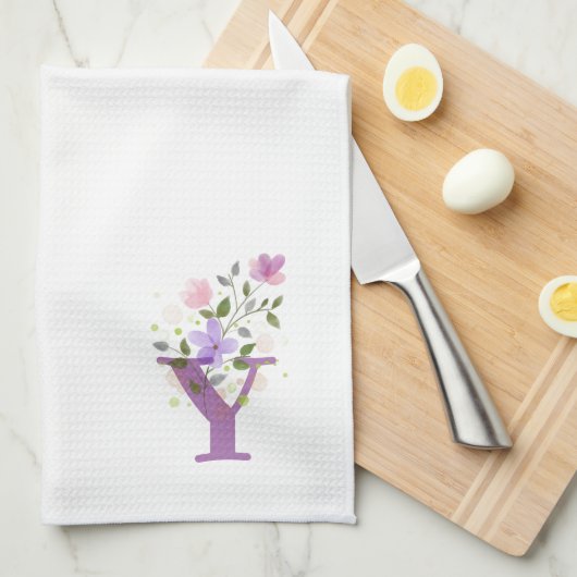 Linge De Cuisine Monogramme Initial Plus Dessin Floral (Quart Plié)