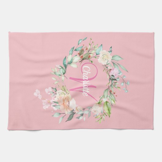 Linge De Cuisine Monogramme initial rose Rose moderne (Horizontal)