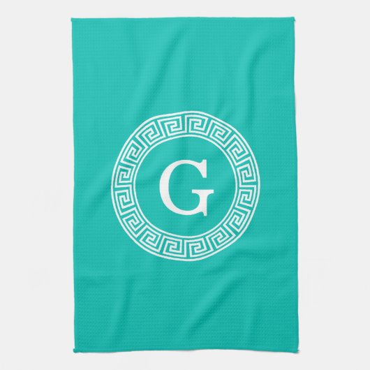 Linge De Cuisine Monogramme initial turquoise Wht Key grecque (Vertical)