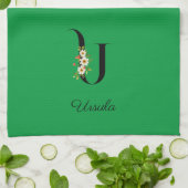 Linge De Cuisine Monogramme initial vert botanique à l'aquarelle (Plié)