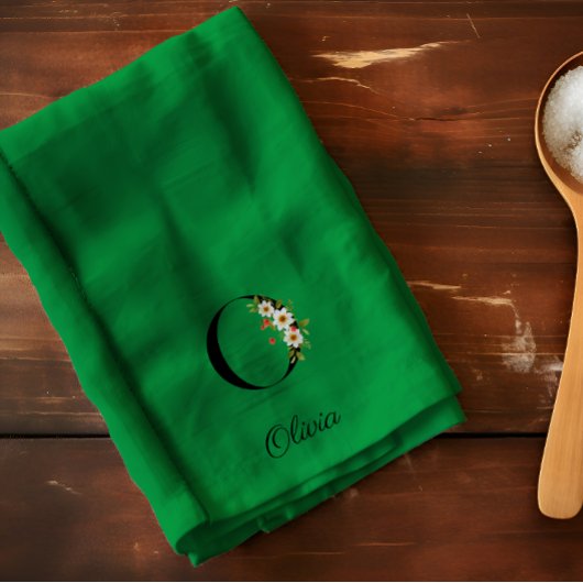 Linge De Cuisine Monogramme initial vert botanique à l'aquarelle