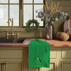 Linge De Cuisine Monogramme initial vert botanique à l'aquarelle