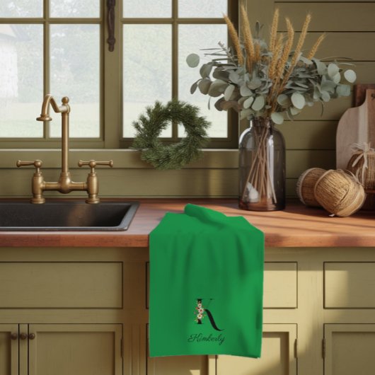 Linge De Cuisine Monogramme initial vert botanique à l'aquarelle