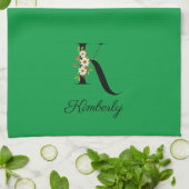 Linge De Cuisine Monogramme initial vert botanique à l'aquarelle (Plié)