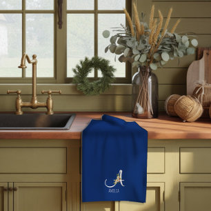 Linge De Cuisine Monogramme initiale bleu botanique aquarelle