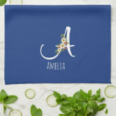 Linge De Cuisine Monogramme initiale bleu botanique aquarelle (Plié)