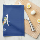 Linge De Cuisine Monogramme initiale bleu botanique aquarelle (Quart Plié)