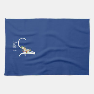Linge De Cuisine Monogramme initiale bleu botanique aquarelle