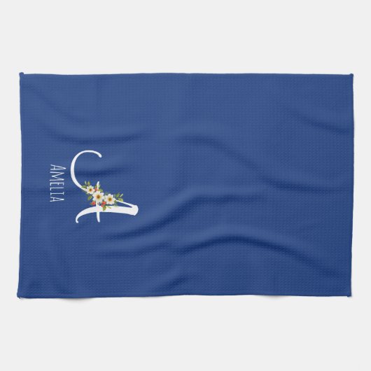 Linge De Cuisine Monogramme initiale bleu botanique aquarelle (Horizontal)