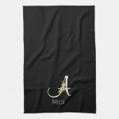 Linge De Cuisine Monogramme initiale noir botanique aquarelle (Vertical)