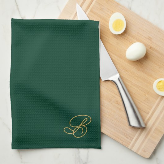 Linge De Cuisine Monogramme initiale vert et or brodé (Quart Plié)