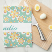 Linge De Cuisine Monogramme joli fleurs orange sur vert (Quart Plié)