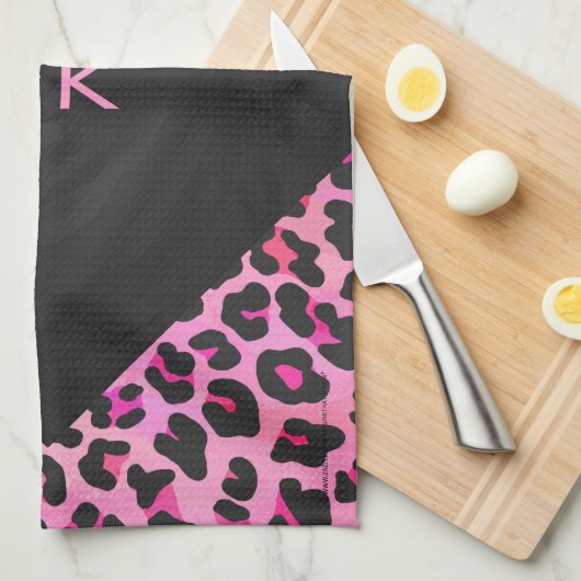 Linge De Cuisine Monogramme Leopard noir et rose chaud (Quart Plié)