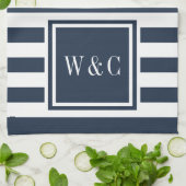 Linge De Cuisine Monogramme Marine Bleu Blancs Personnalisé (Plié)