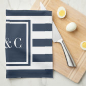 Linge De Cuisine Monogramme Marine Bleu Blancs Personnalisé (Quart Plié)