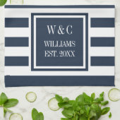 Linge De Cuisine Monogramme Marine Bleu Bleu Blancs Personnalisé (Plié)