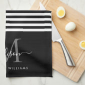 Linge De Cuisine Monogramme moderne Black White Strips Nom du scrip (Quart Plié)