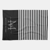 Linge De Cuisine Monogramme moderne Black White Strips Nom du scrip (Horizontal)