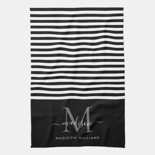Linge De Cuisine Monogramme moderne Black White Strips Nom du scrip (Vertical)