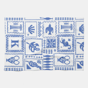 Linge De Cuisine Monogramme Moderne Bleu Blanc Abstrait Motif