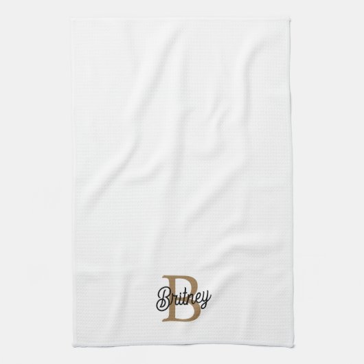 Linge De Cuisine Monogramme moderne élégant Nom Black Gold Script (Vertical)