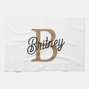 Linge De Cuisine Monogramme moderne élégant Nom Black Gold Script