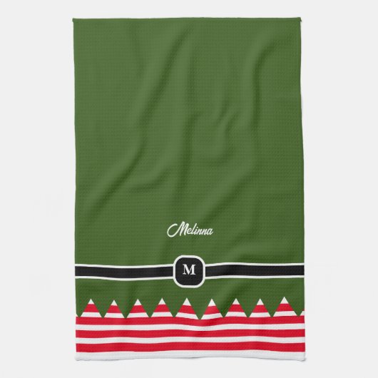 Linge De Cuisine Monogramme moderne Elfe Pine Vert Vacances (Vertical)