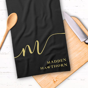 Linge De Cuisine Monogramme moderne Script Calligraphie Black Gold 