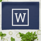 Linge De Cuisine Monogramme Moderne Simple Bordure Carrée Bleu Mari (Plié)