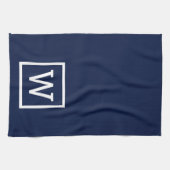 Linge De Cuisine Monogramme Moderne Simple Bordure Carrée Bleu Mari (Horizontal)