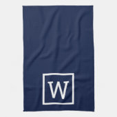 Linge De Cuisine Monogramme Moderne Simple Bordure Carrée Bleu Mari (Vertical)