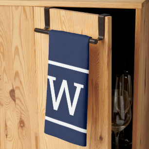 Linge De Cuisine Monogramme Moderne Simple Bordure Carrée Bleu Mari