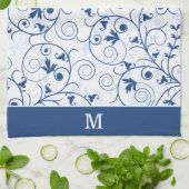 Linge De Cuisine Monogramme Motif à feuille bleue rétro (Plié)