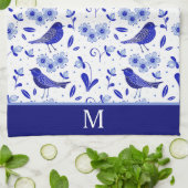 Linge De Cuisine Monogramme Motif d'art populaire aux oiseaux bleus (Plié)